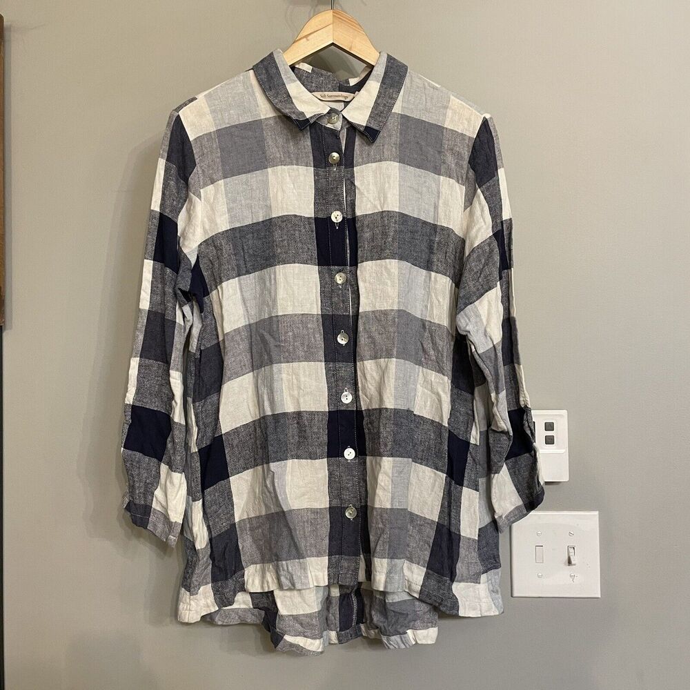 Soft Surroundings Carreaux Shirt Tunic Linen Blend Plaid 3/4 Sleeve Zip Back XL